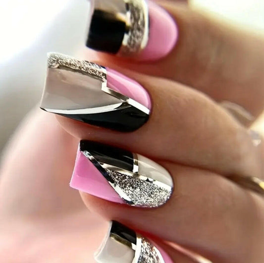 Black and pink with sliver glitter press on nails.