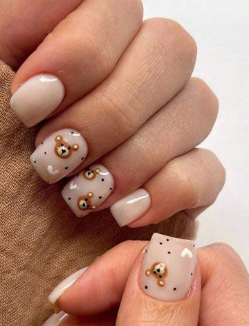 Nude teddy bear design short square press on nails