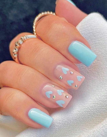 Baby blue with heart shaped and rhinestone design press on nails