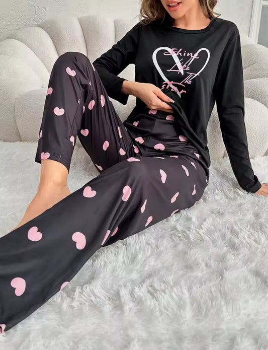 Black heart and slogan print pyjamas set *pre order *