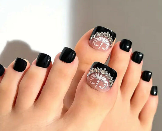 White flower rhinestone design press on toe nails.