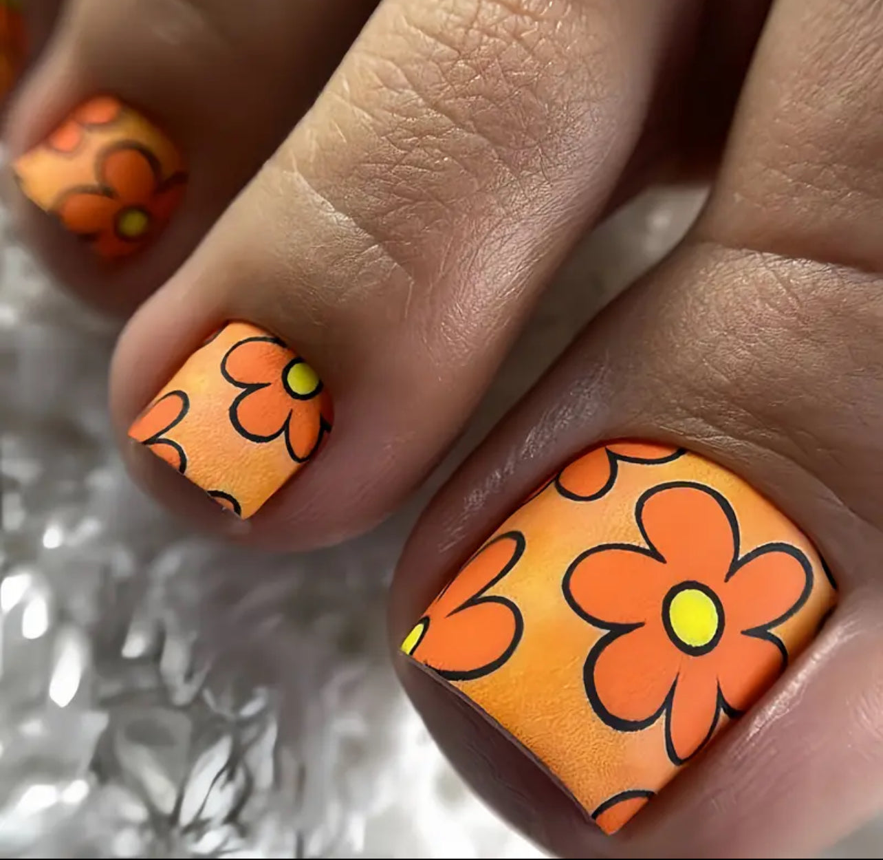 Orange floral pattern press on toe nails