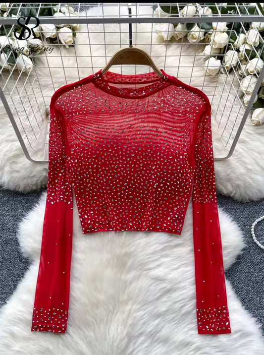 Red sequins long sleeve transparent top