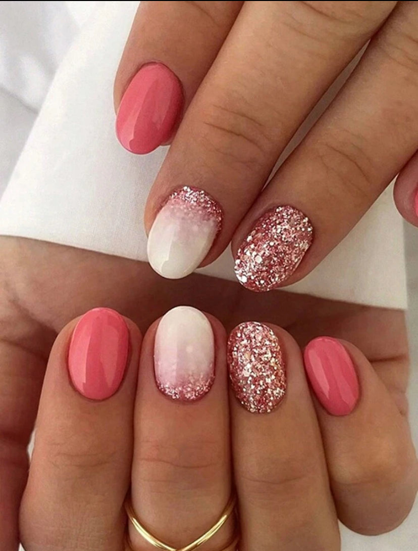 Short pink and glittery press on nails