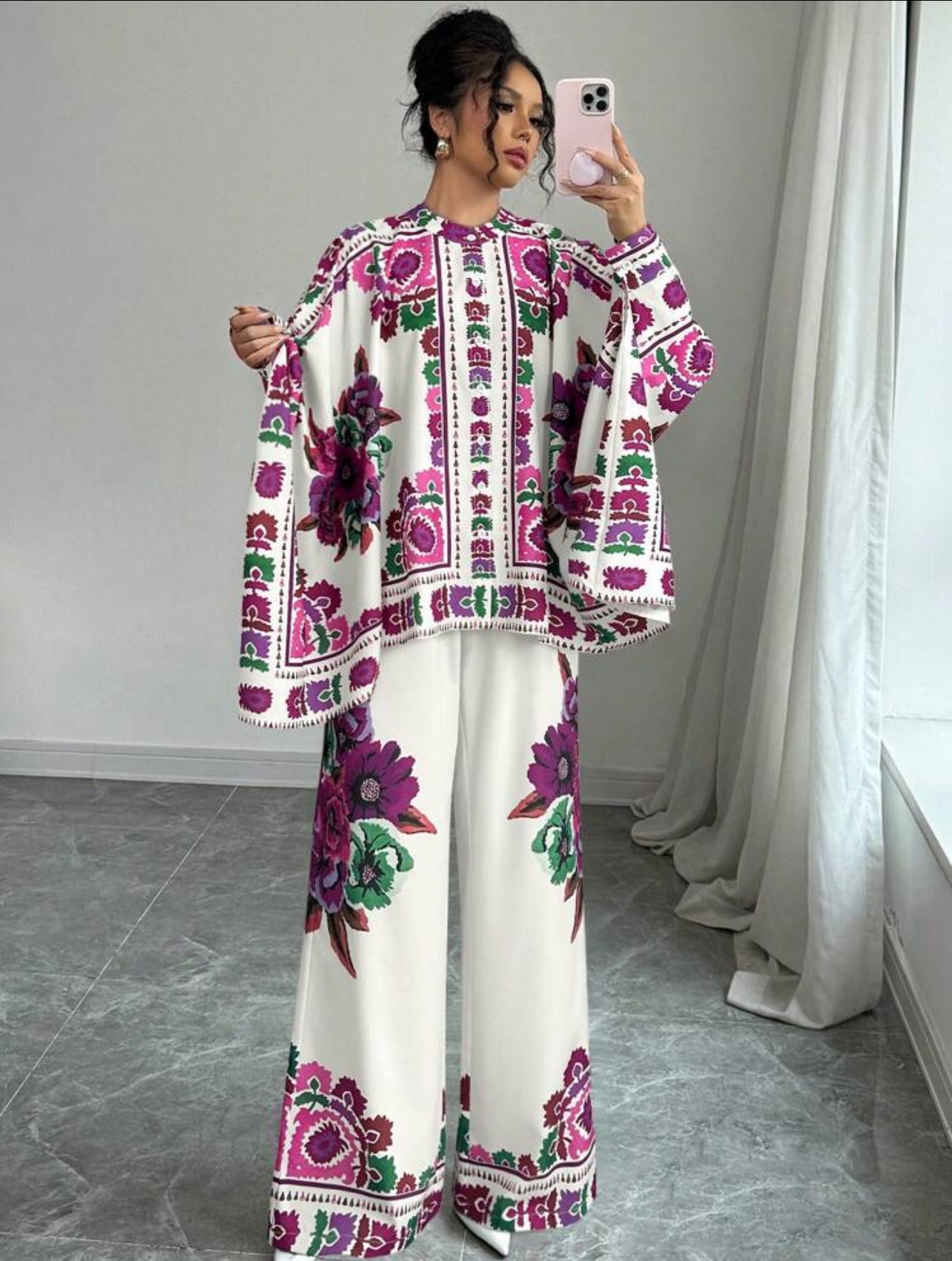 Floral printed batwing top and pants set