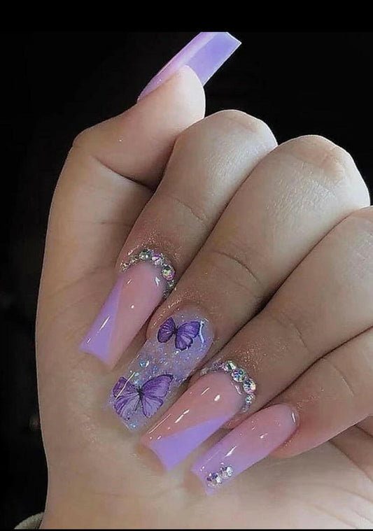 Long coffin butterfly lavender press on nails.