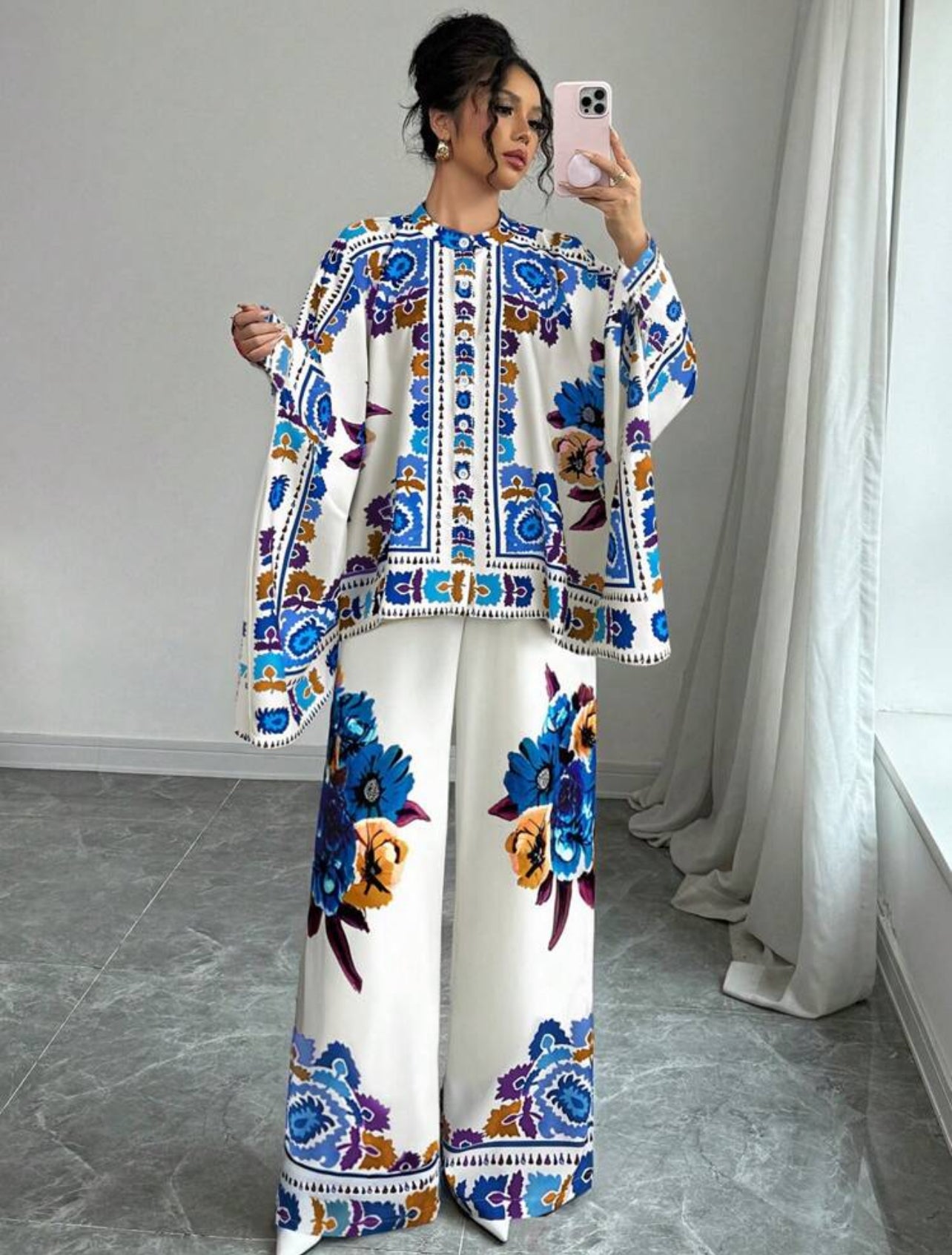Floral printed batwing top and pants set