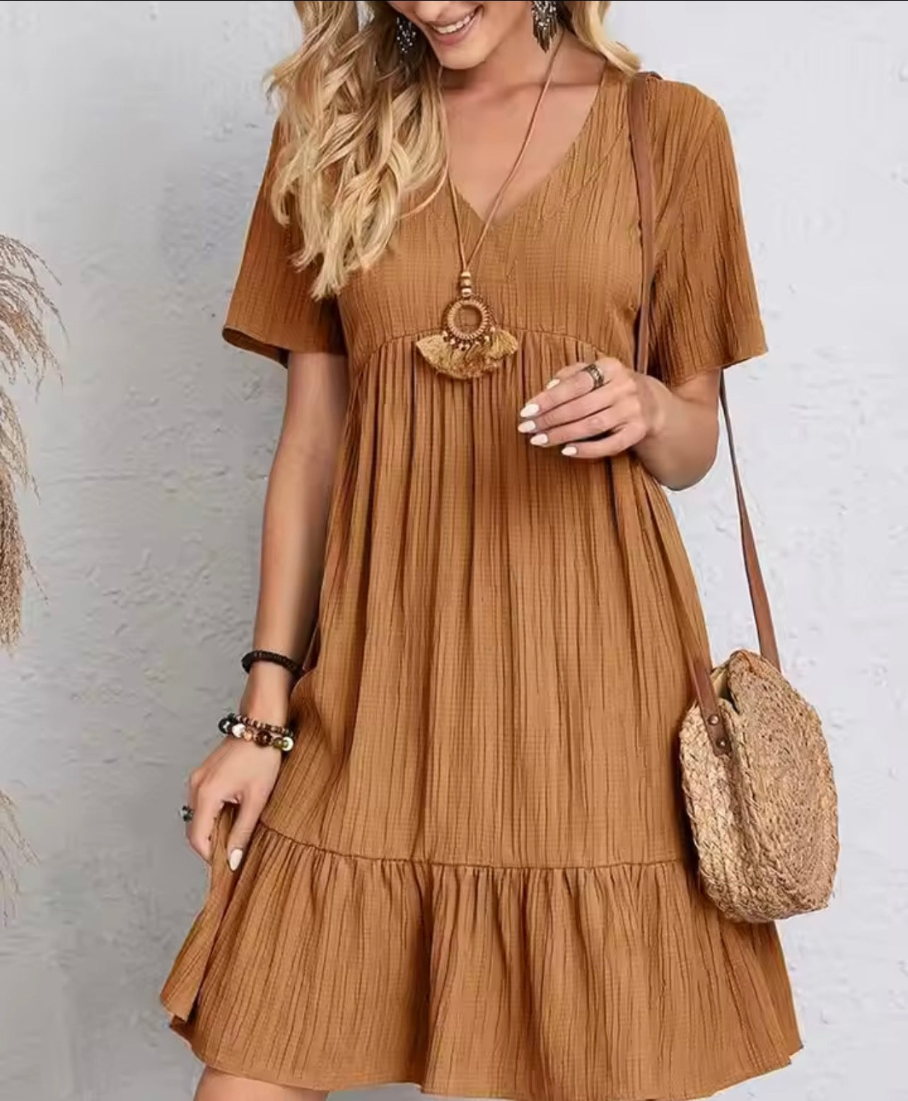 Elegant soild V neck A line dress