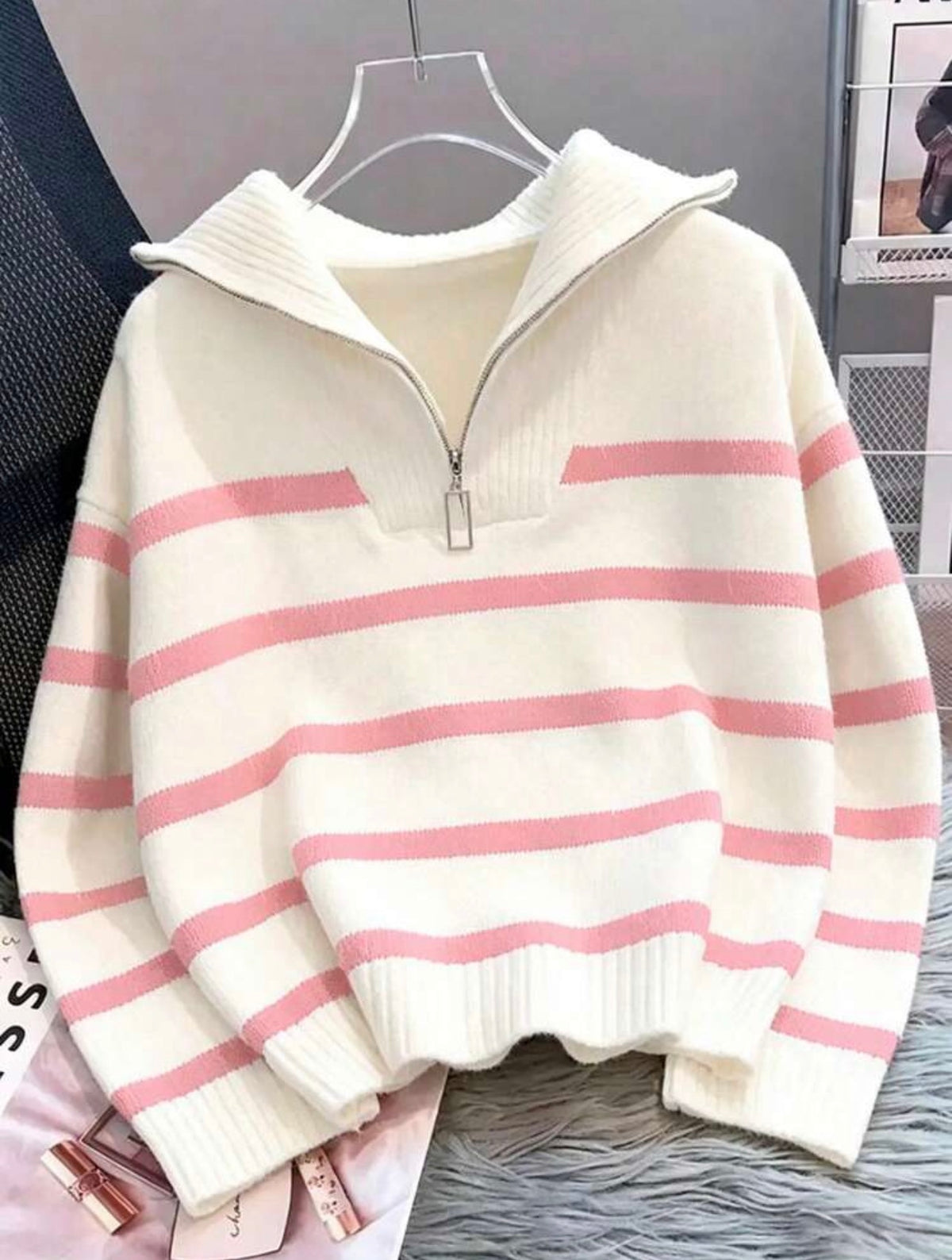 Blush & Cosy Striped Half-Zip Knit Jumper