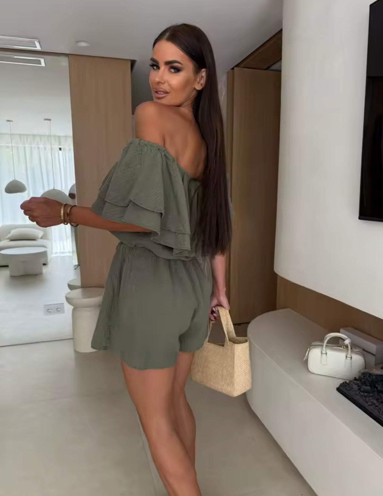 Off the shoulder double layer ruffled short sleeve romper