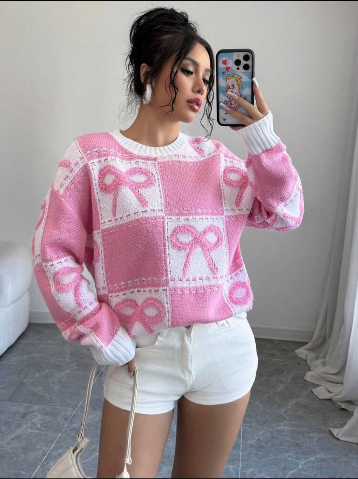 Women's Pink Ribbon Dreams Knitted Jumper – Pink & White Bow Print Long Sleeve Sweater
