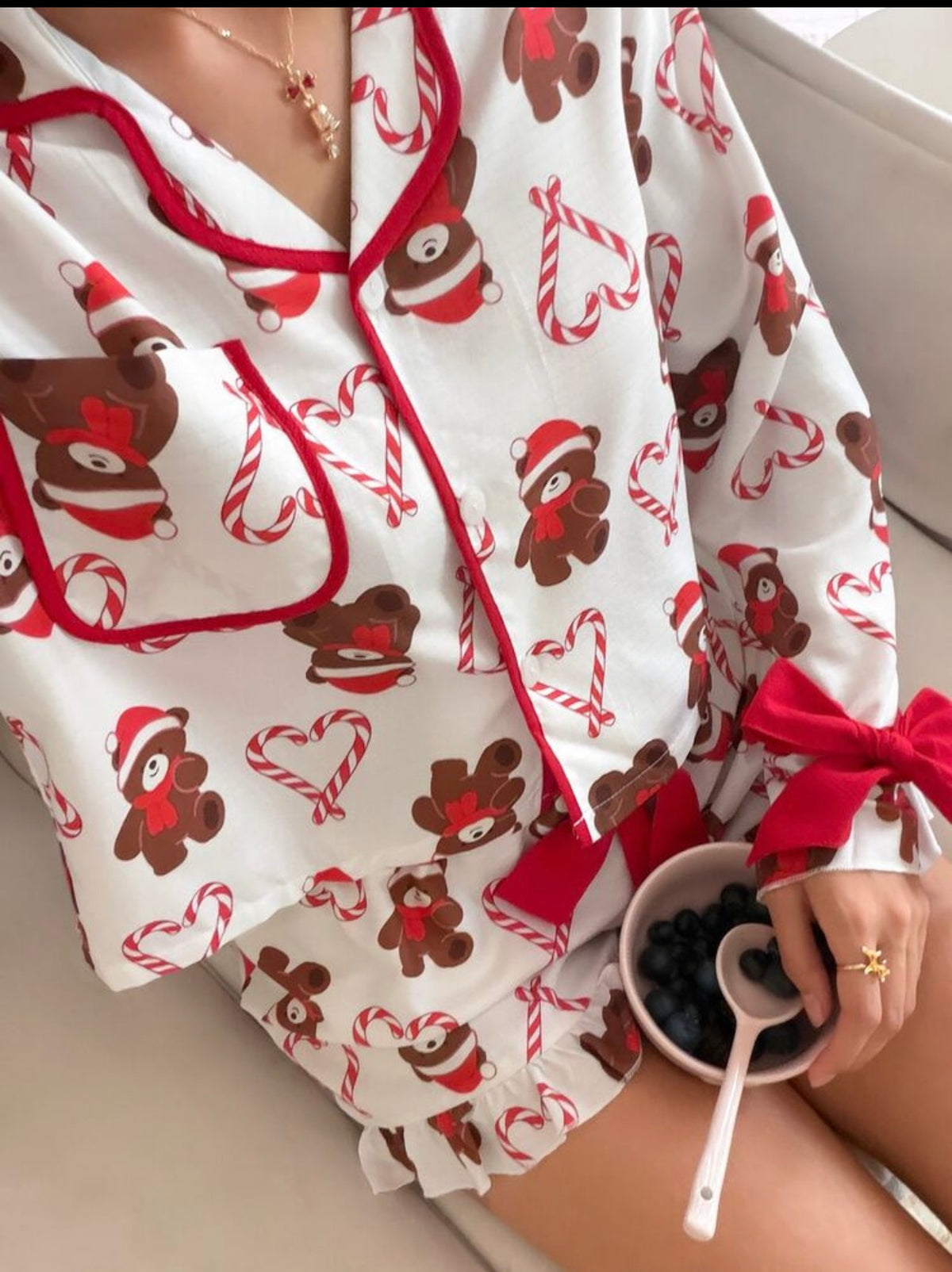 Women's Candy Cane Cuddles Christmas Pyjama Set – Teddy Bear Print Button-Up Top & Shorts
