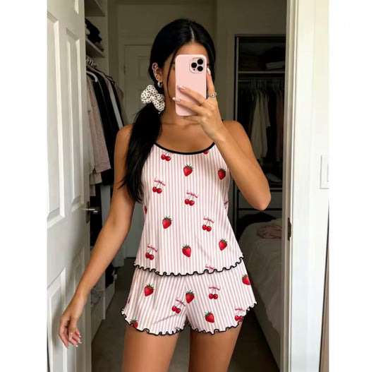 Spaghetti strip ruffle cami pyjamas set