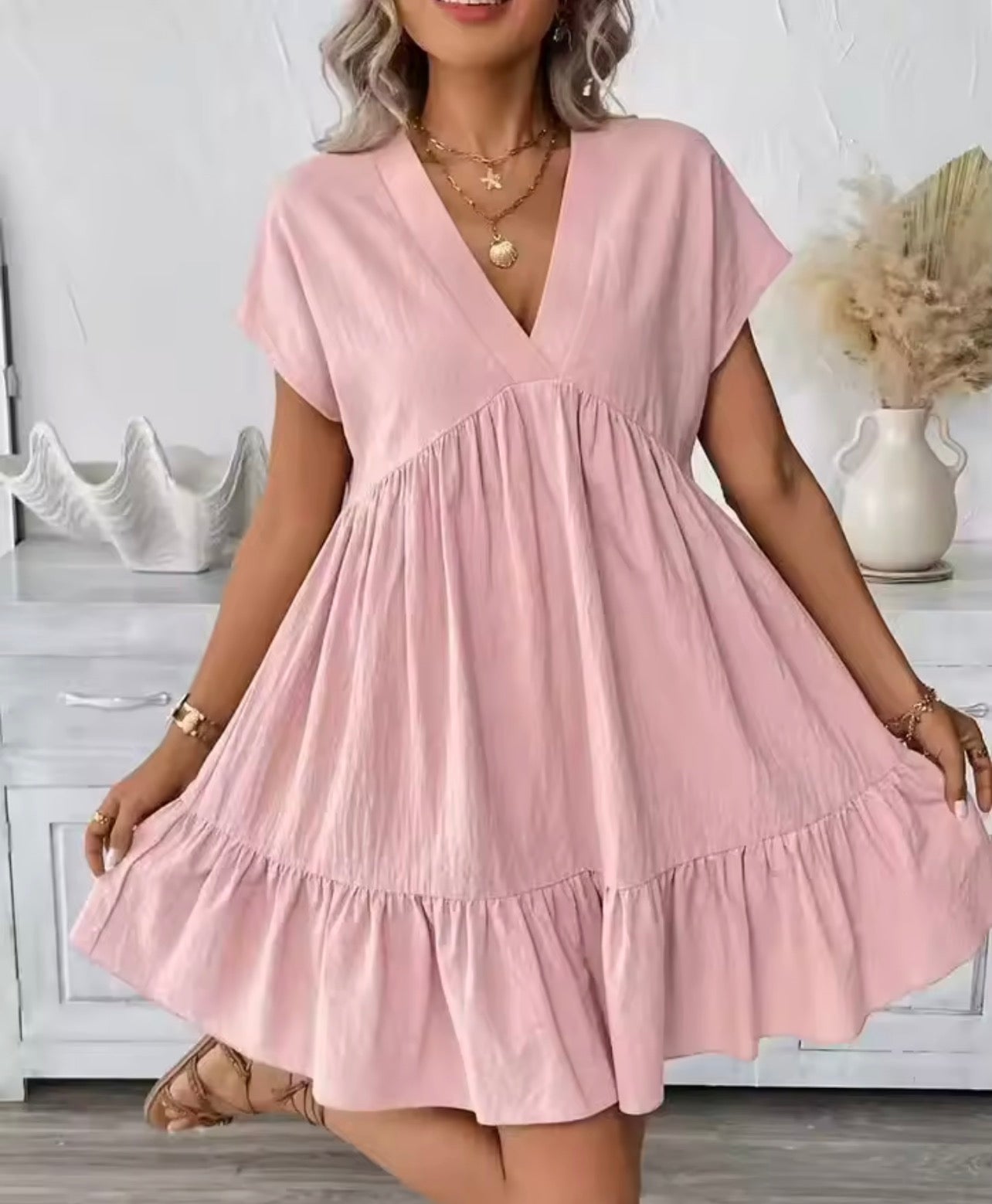 V neck ruffled large swing loose short dress