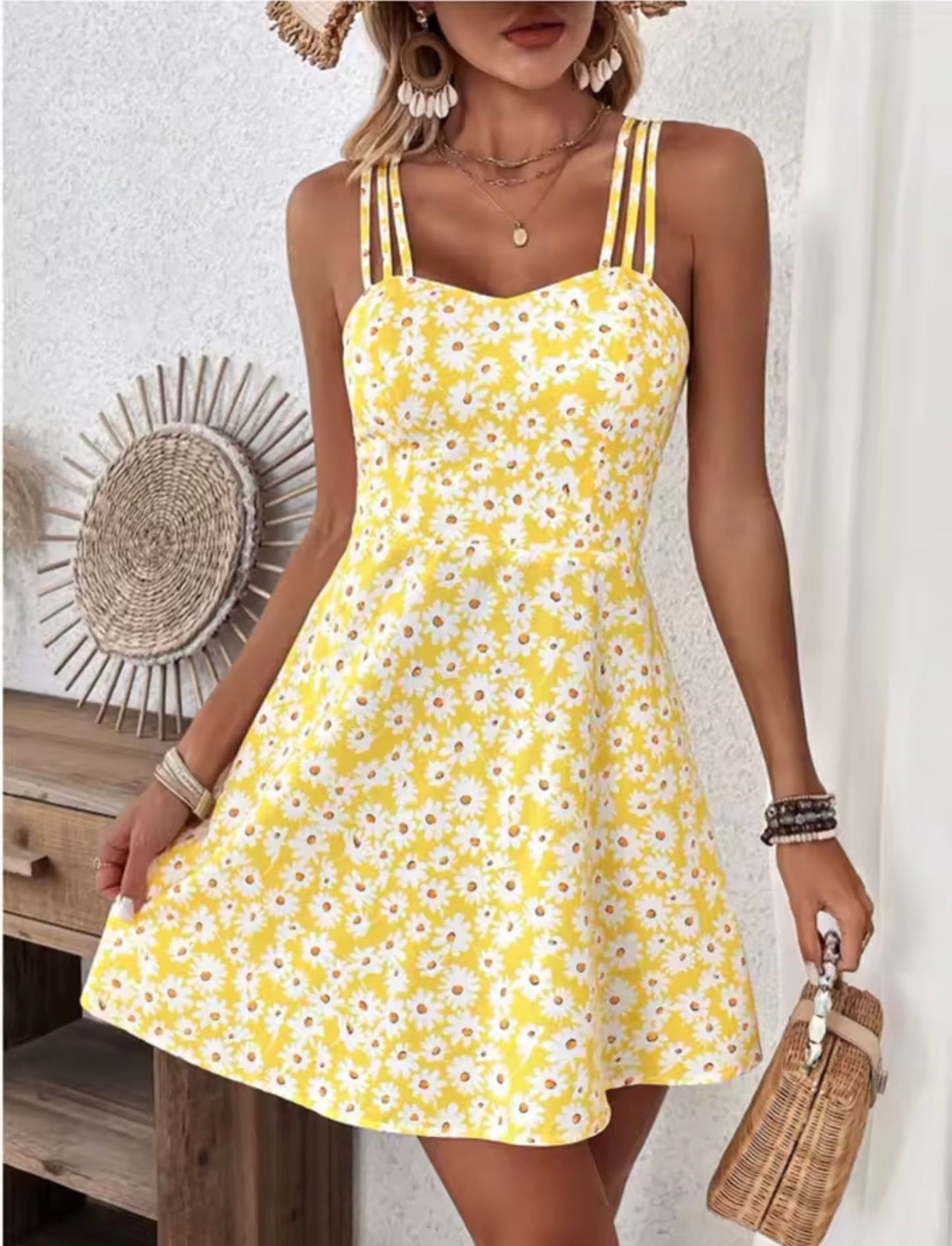 Sleeveless sunflower printed short dress