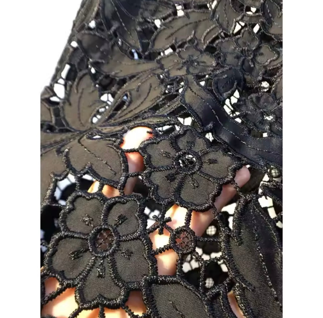 Black denim patchwork flower hollow lace wide leg pants