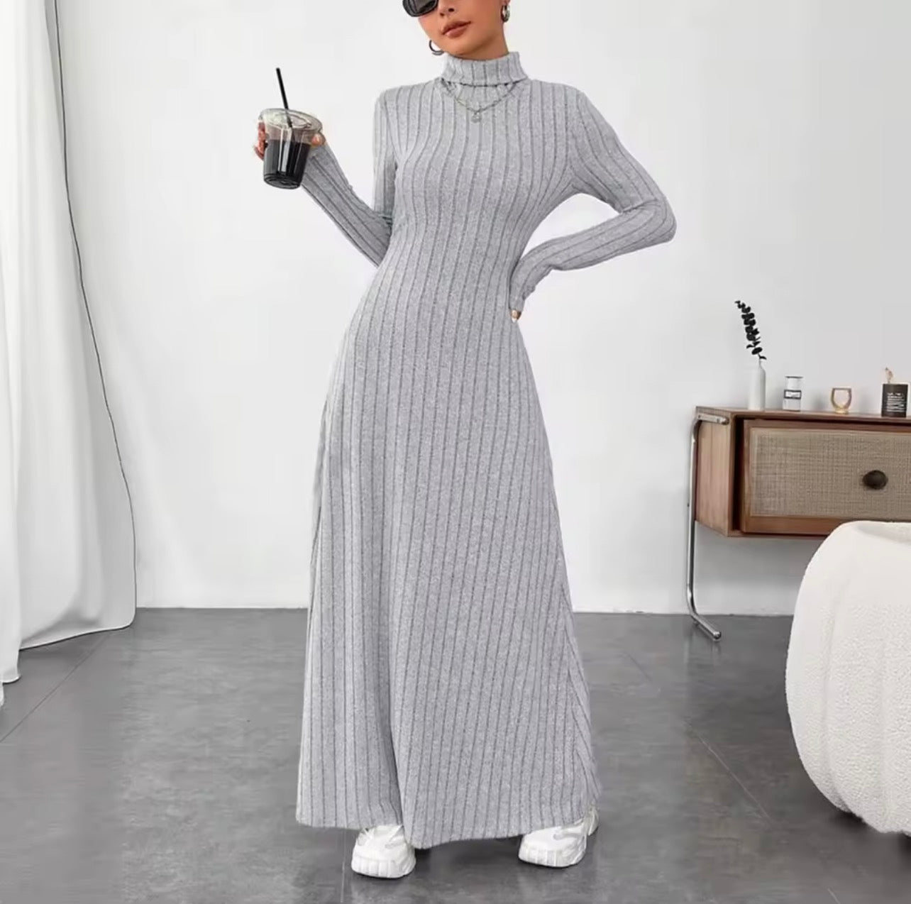 Knitted long sleeve winter turtleneck dress