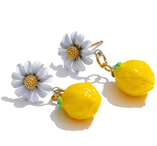Lemon with daisy flower earrings