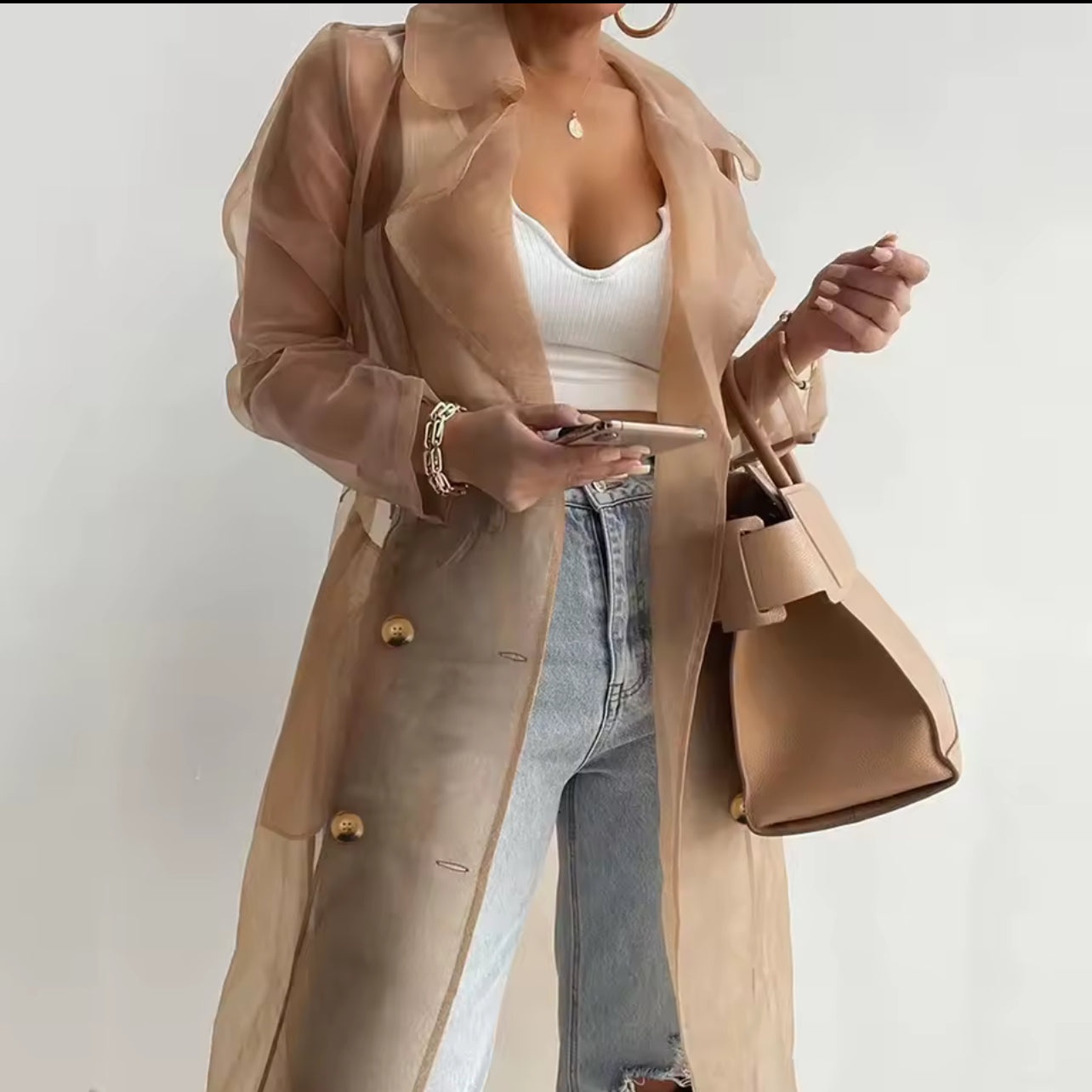 Transparent trench coat with belt