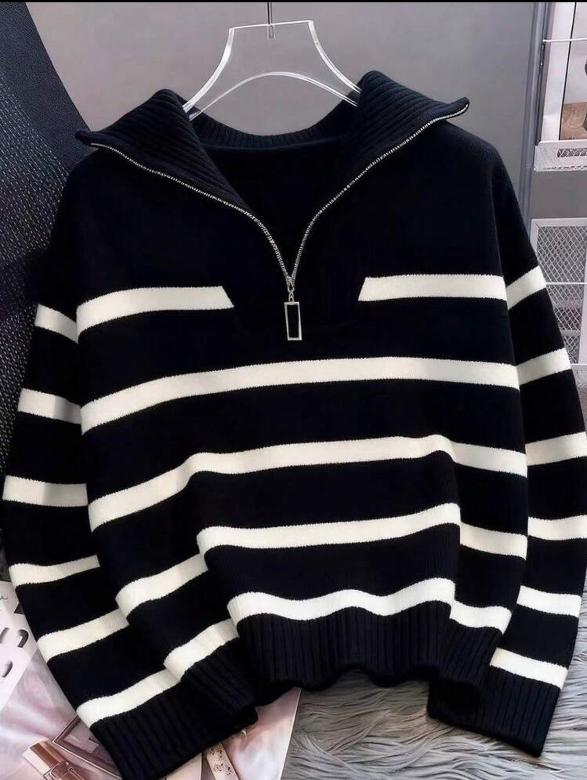 Blush & Cosy Striped Half-Zip Knit Jumper