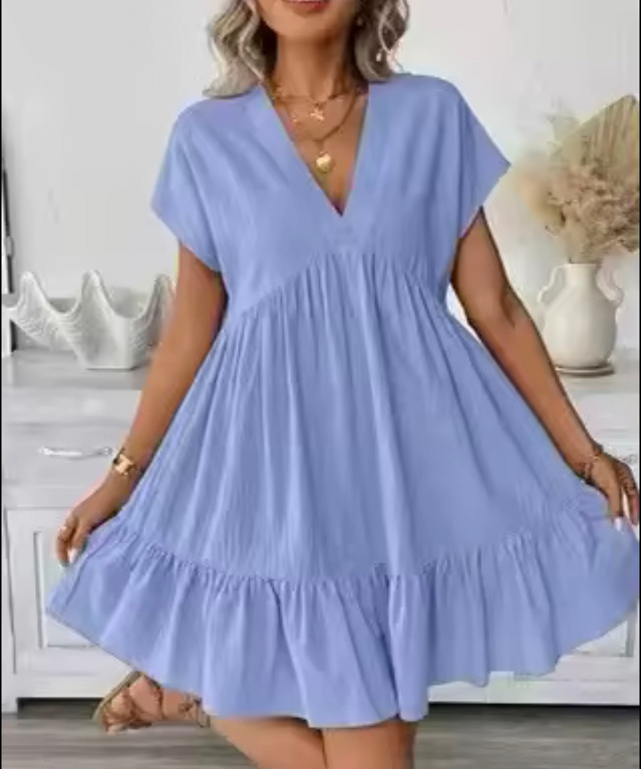 V neck ruffled large swing loose short dress
