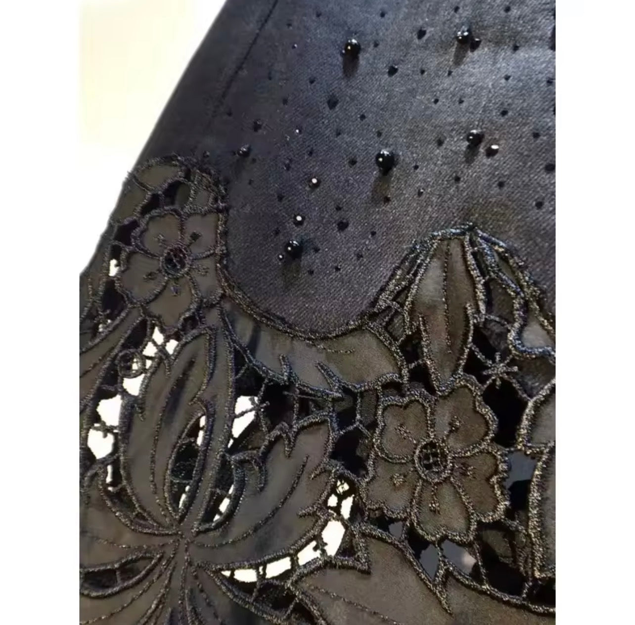 Black denim patchwork flower hollow lace wide leg pants