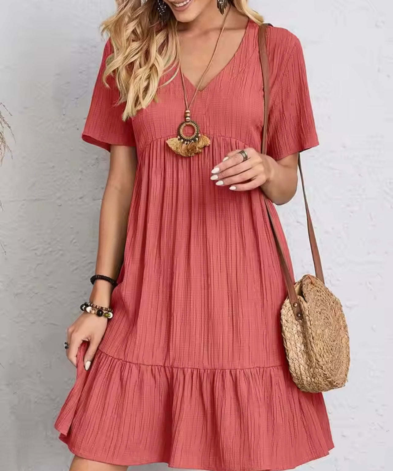 Elegant soild V neck A line dress