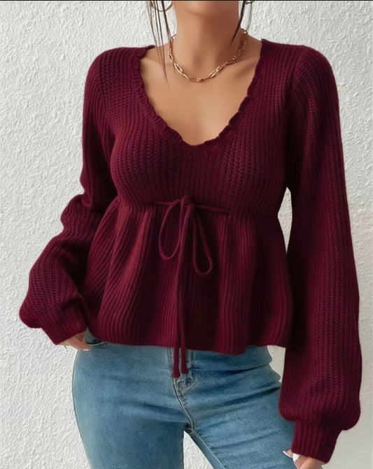 Burgundy Bow Peplum Knit.