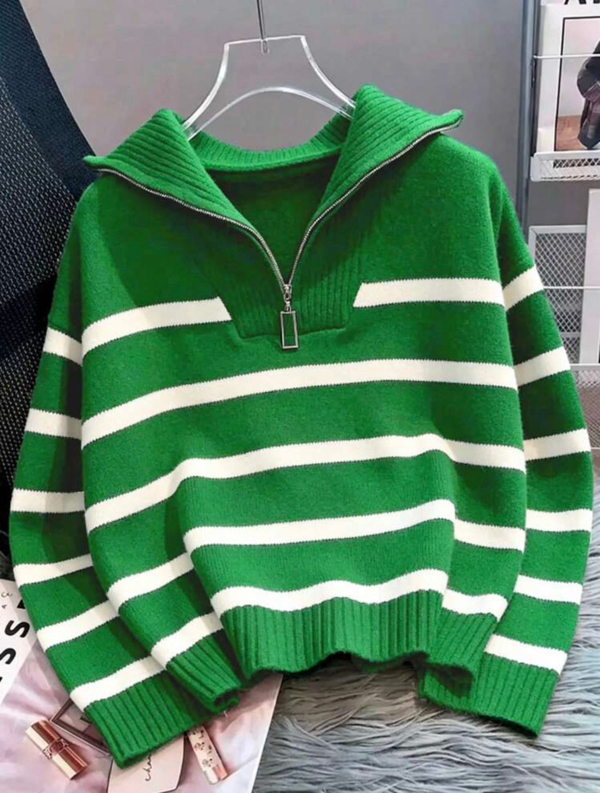 Blush & Cosy Striped Half-Zip Knit Jumper