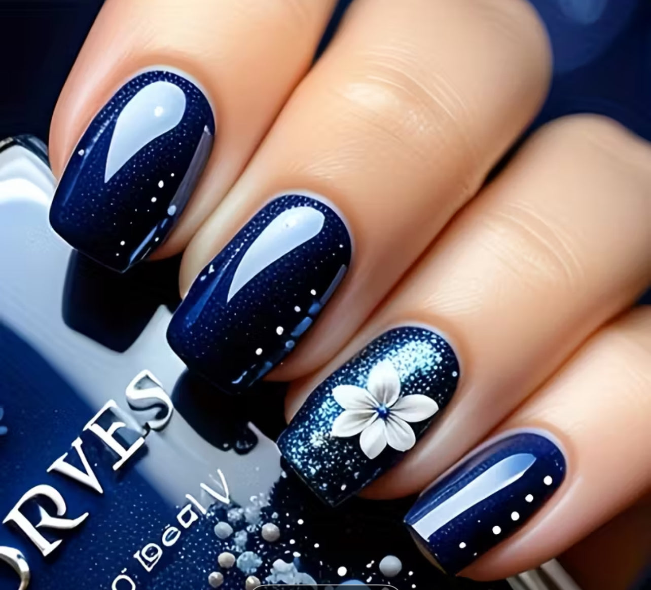 3D blue floral design press on nails