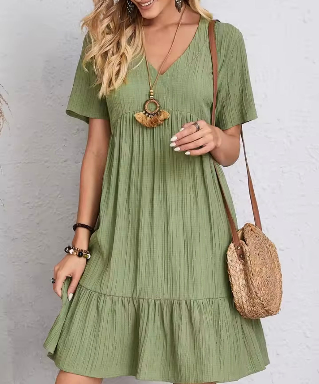 Elegant soild V neck A line dress