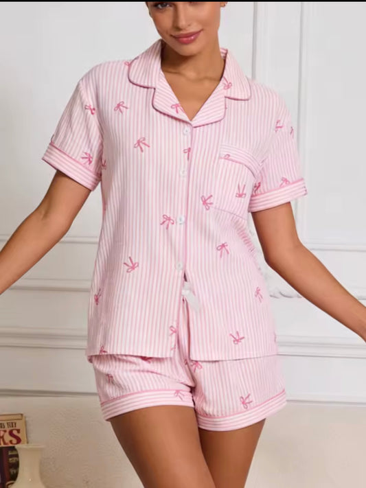 Pink 2 pcs stripped with bow printed pyjamas