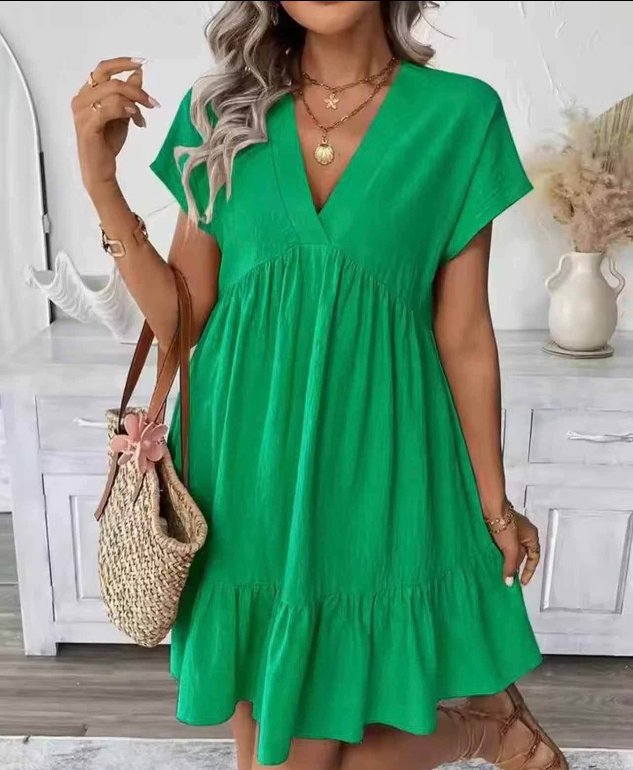 V neck ruffled large swing loose short dress