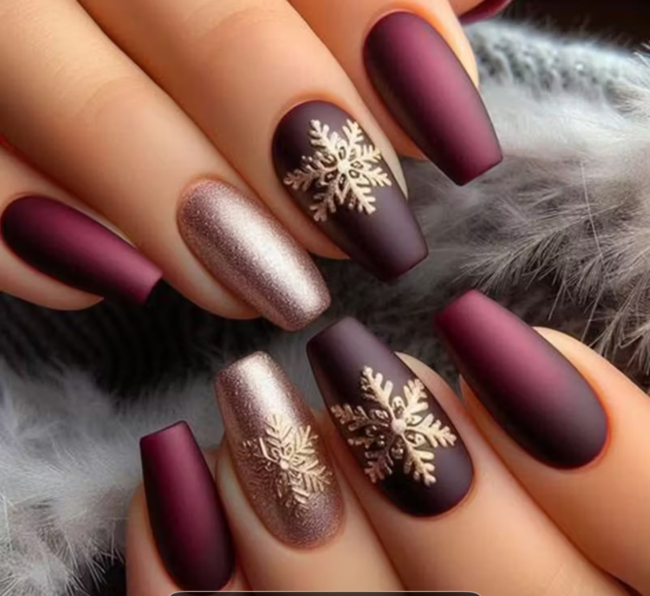 Elegant burgundy and gold leaf design press on nails