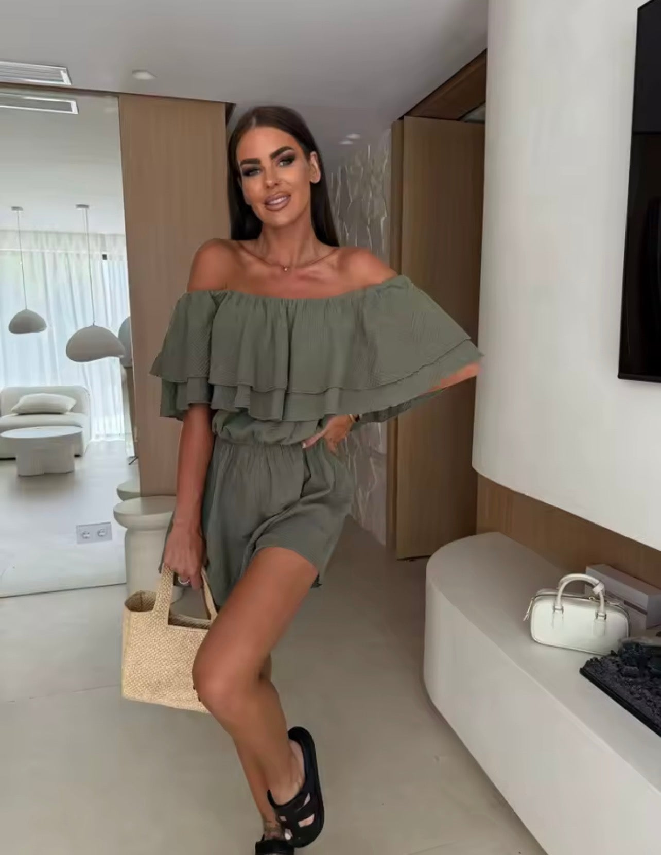 Off the shoulder double layer ruffled short sleeve romper