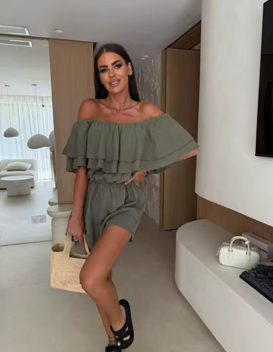 Off the shoulder double layer ruffled short sleeve romper