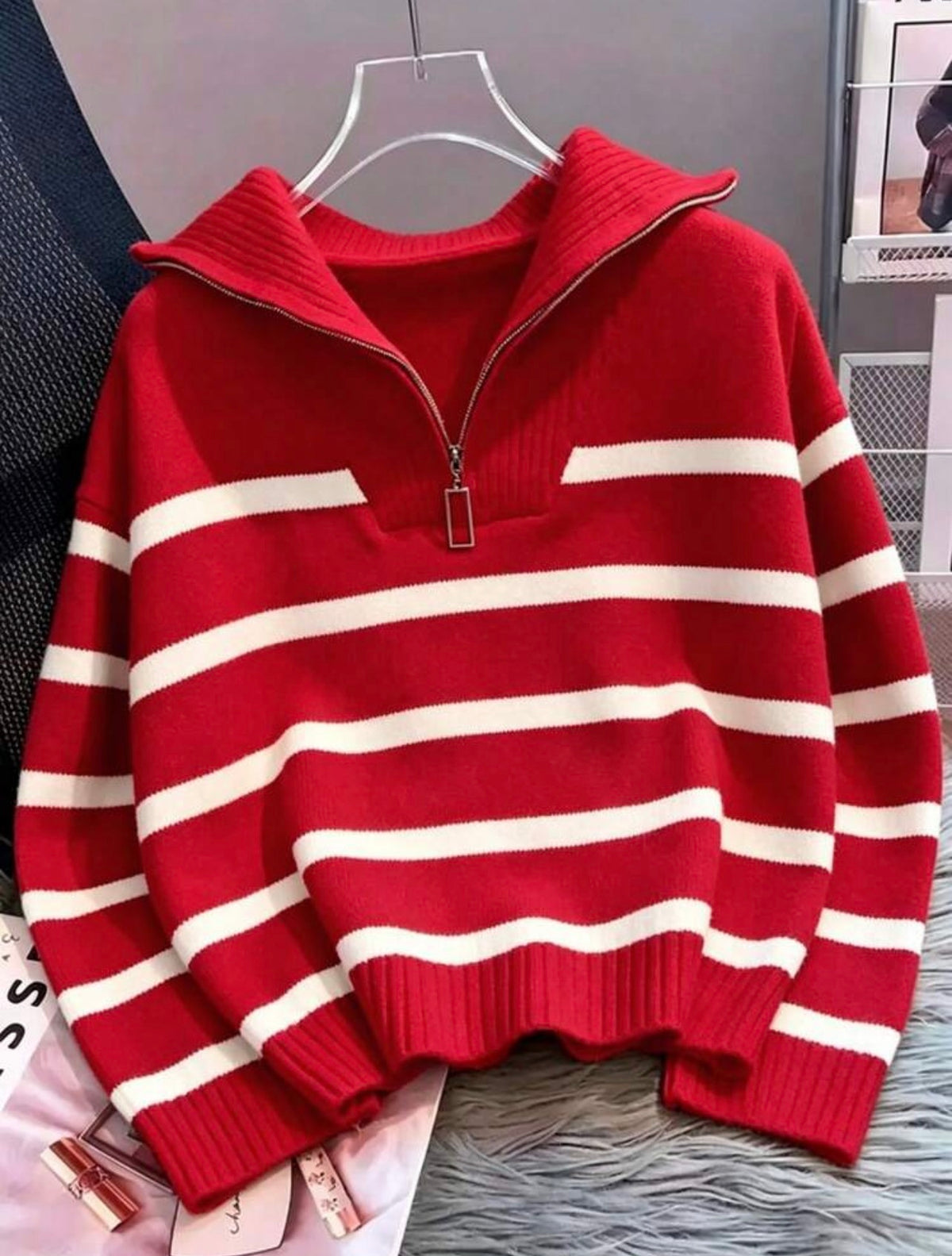 Blush & Cosy Striped Half-Zip Knit Jumper
