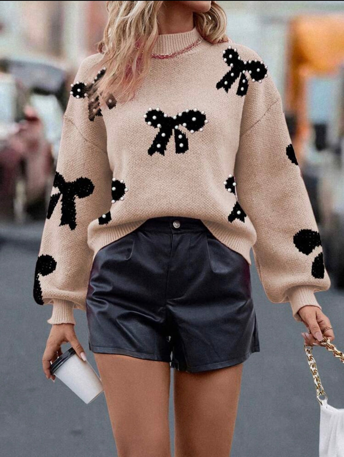 Women's Pearl Bow Elegance Knitted Jumper – Beige & Black Bow Print with Pearl Details, Long Sleeves