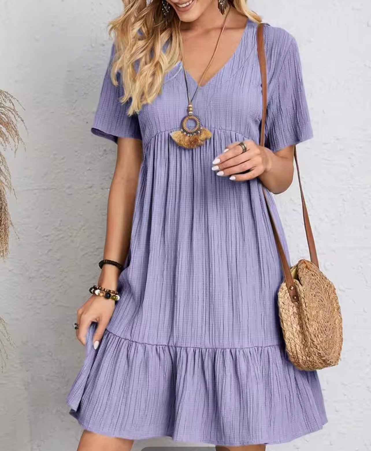 Elegant soild V neck A line dress