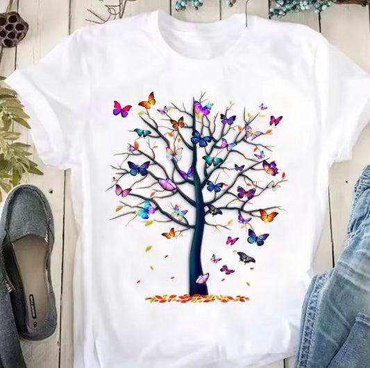 White T-shirt with tree of butterflies design