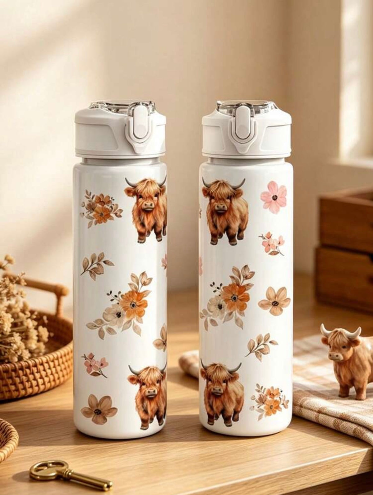 🐮🌸 Highland Blossom Floral Flip-Top Water Bottle (750ml)