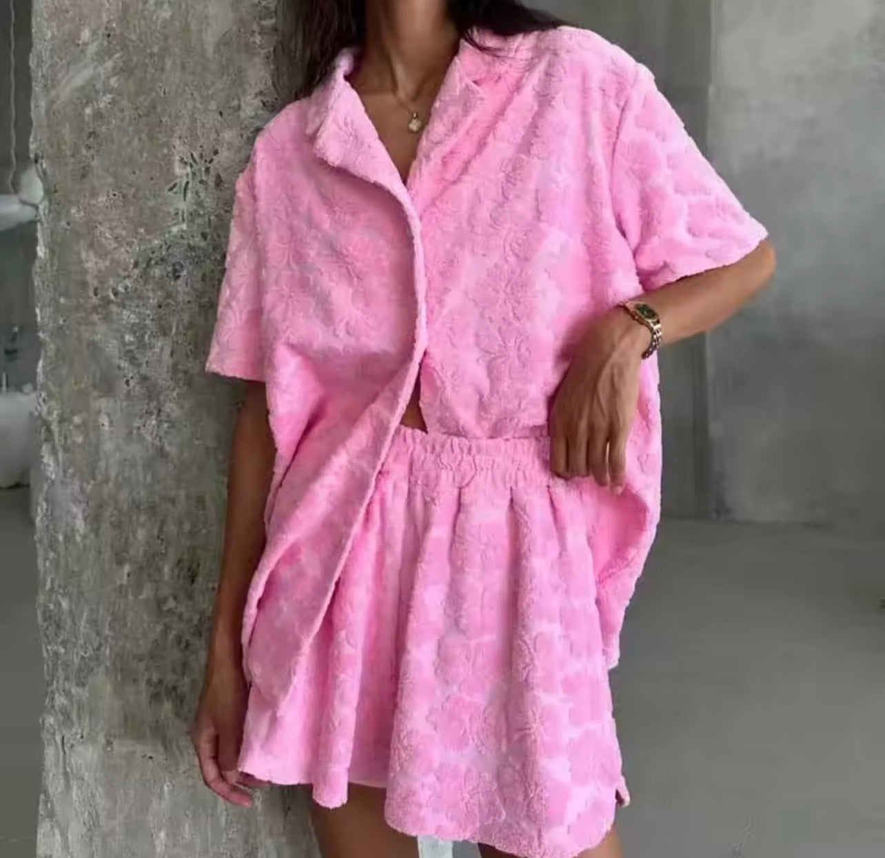 3D pink flower printed shirt & shorts sets