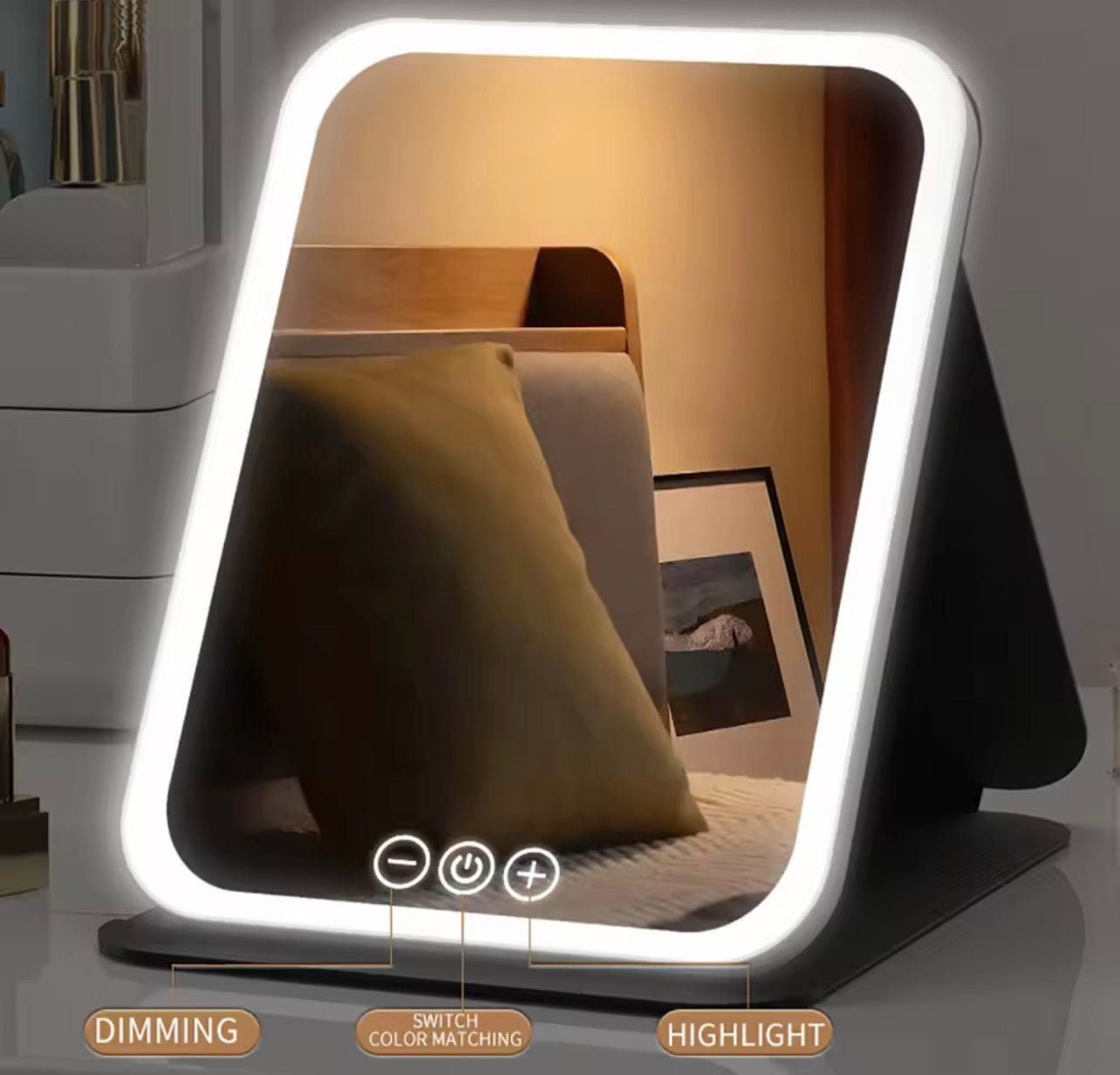 3 colours dimmable LED make up mirror with touch screen