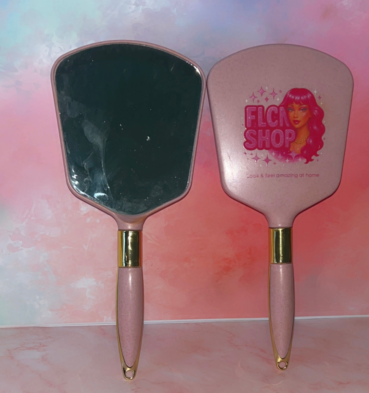 FLCN Shop Luxury Hand Mirror - Pink Handle with Gold Trim - Perfect for Makeup Application and Daily Use