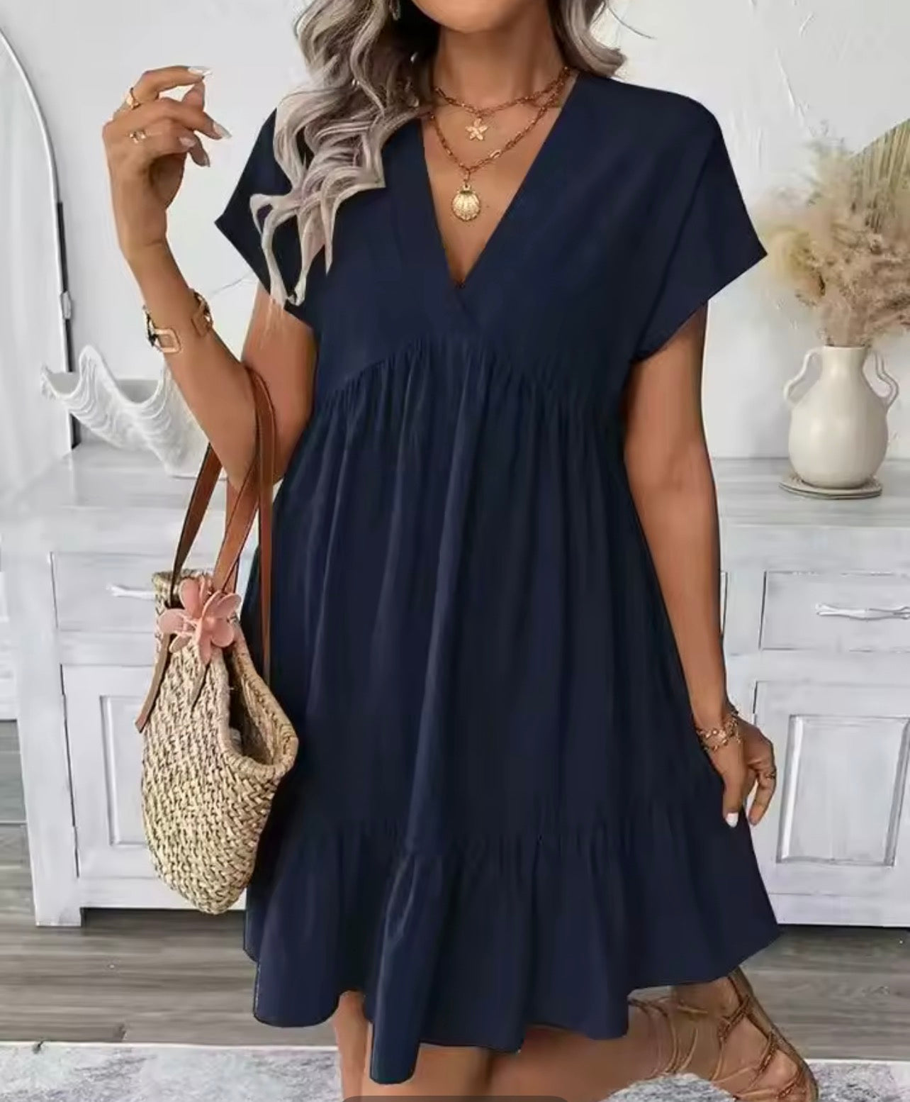 V neck ruffled large swing loose short dress