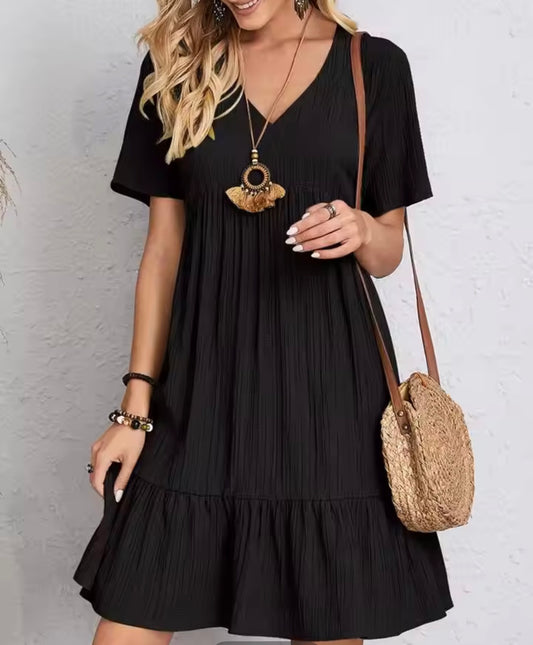 Elegant soild V neck A line dress