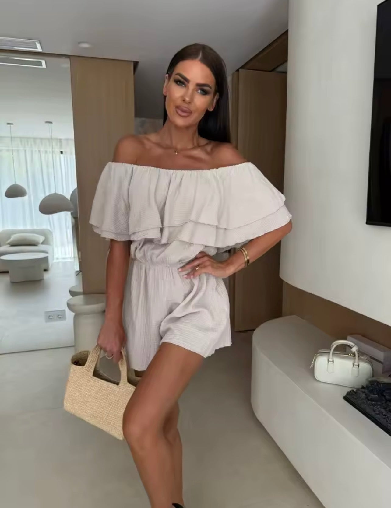 Off the shoulder double layer ruffled short sleeve romper