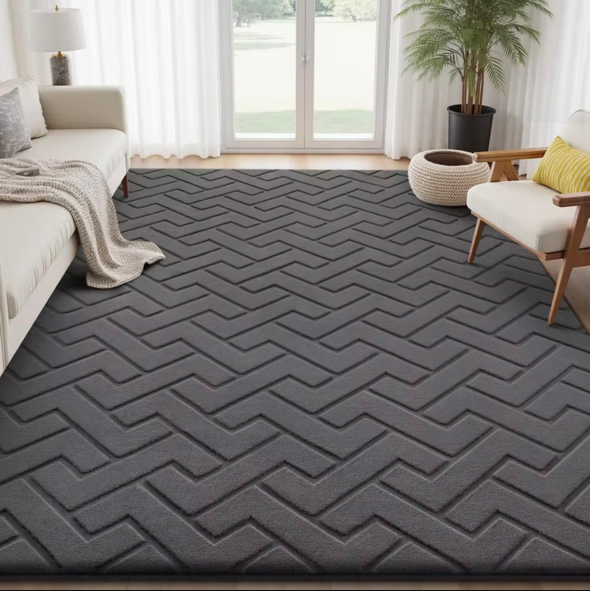 Luxe Chevron Geometric Rug – Modern Grey Textured Living Room Carpet ✨