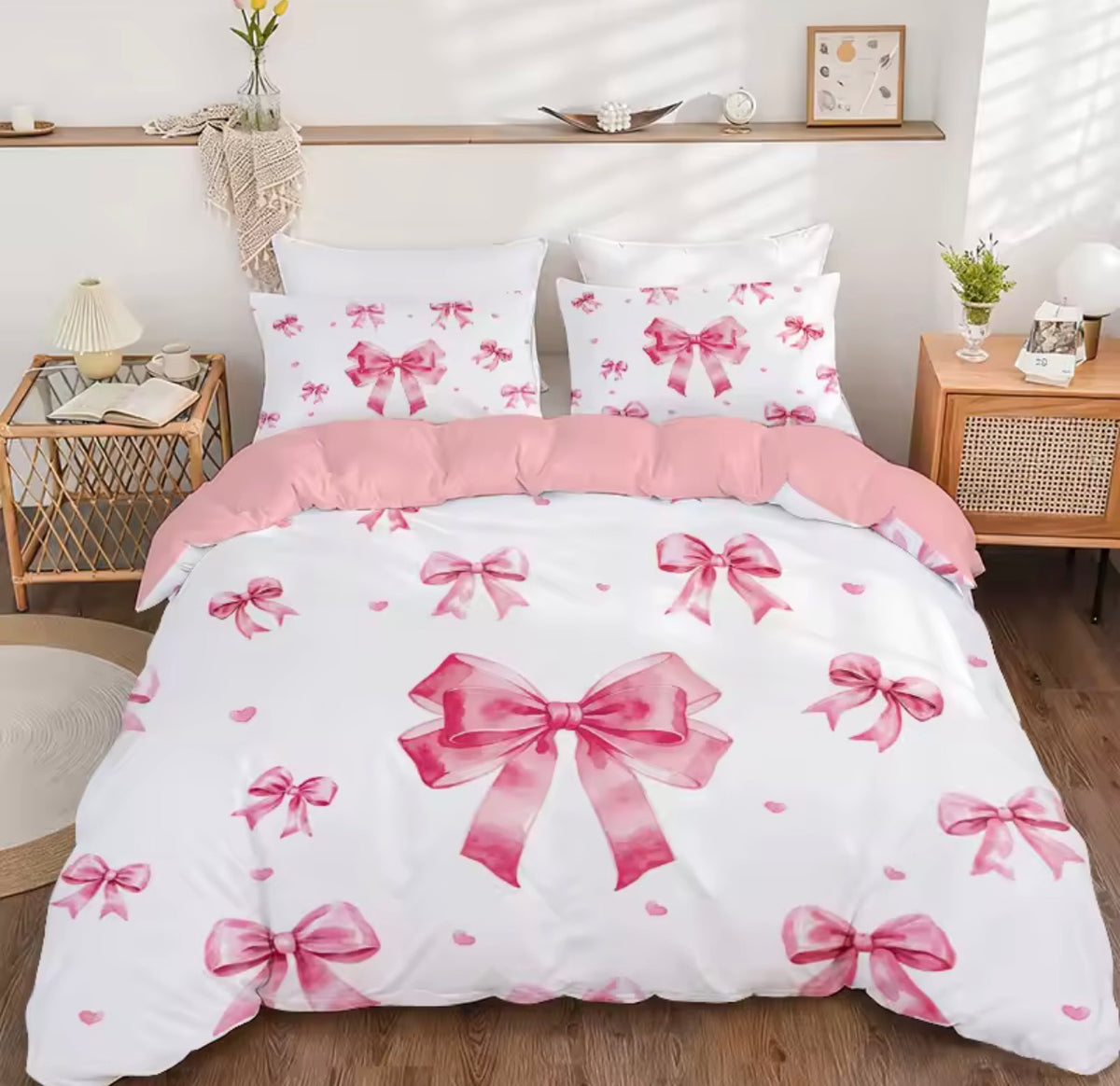 🎀 Blush Pink Bow Romance Duvet Cover Set