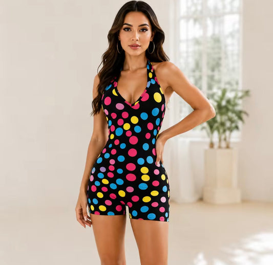 Colourful Polka dot romper with deep V backless